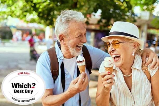 Older couple eating an ice cream and laughing. Image overlaid with Which award logo